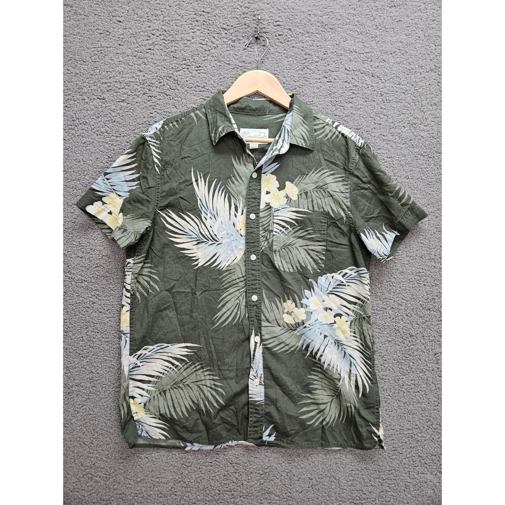American Eagle Button Down M Olive Tropical Palm Cotton Linen Resort Vacation